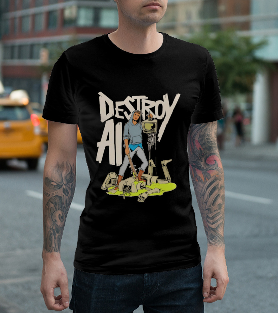Destroy AI Sci Fi Cyberpunk Robot Resistance Heroic Battle Scene T-Shirt