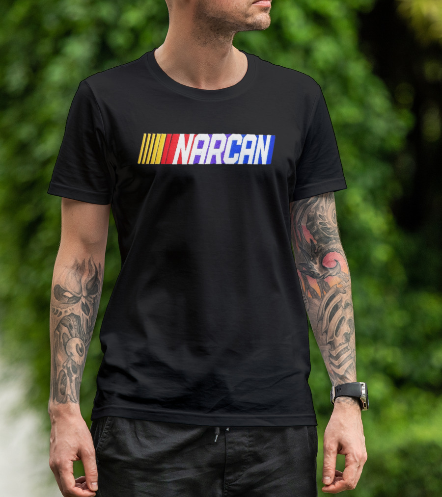 NASCAR Style NARCAN Text With Racing Stripes T-Shirt
