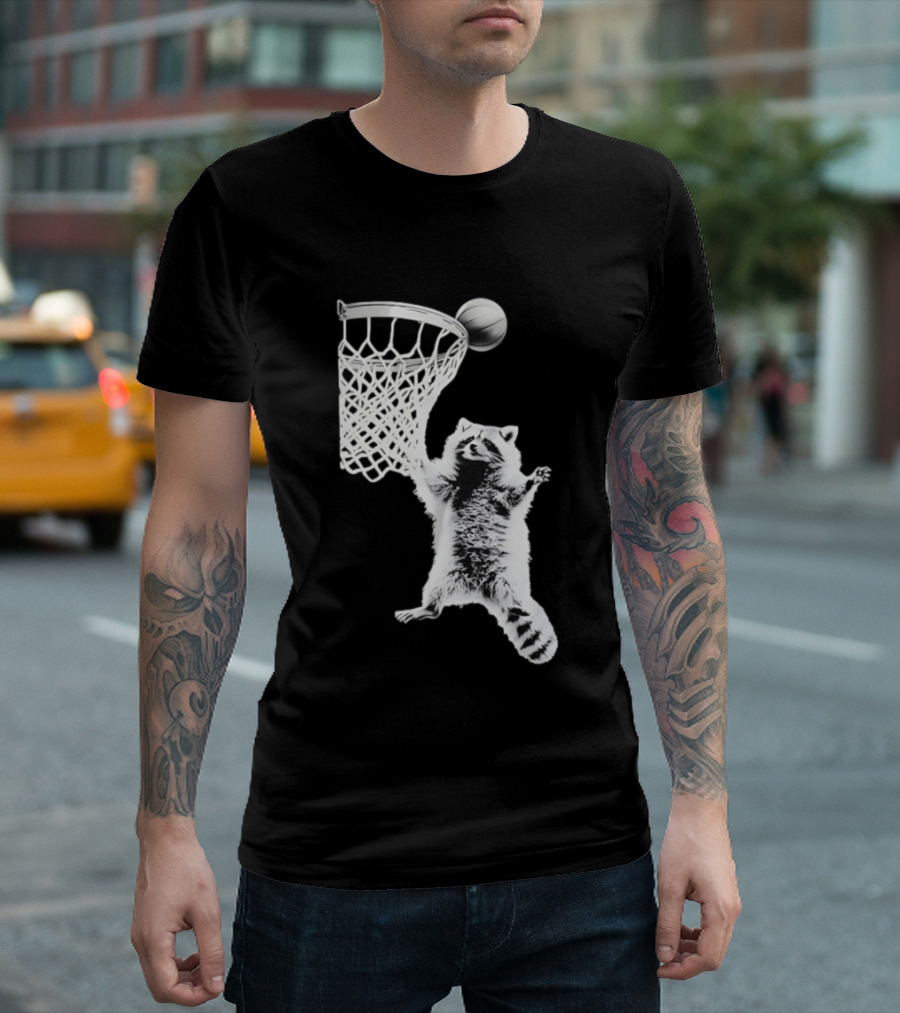 Raccoon Dunking Basketball Fun Animal Sports Play T-Shirt