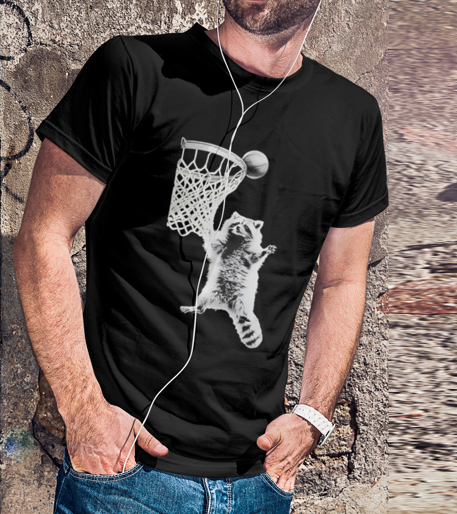 Raccoon Dunking Basketball Fun Animal Sports Play T-Shirt