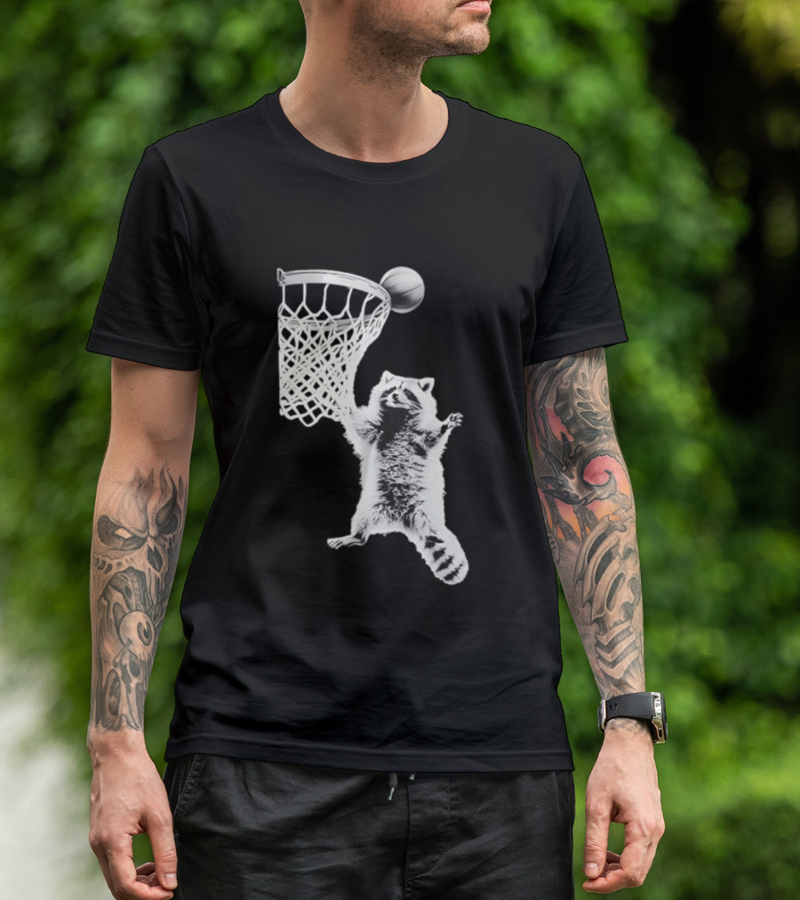 Raccoon Dunking Basketball Fun Animal Sports Play T-Shirt