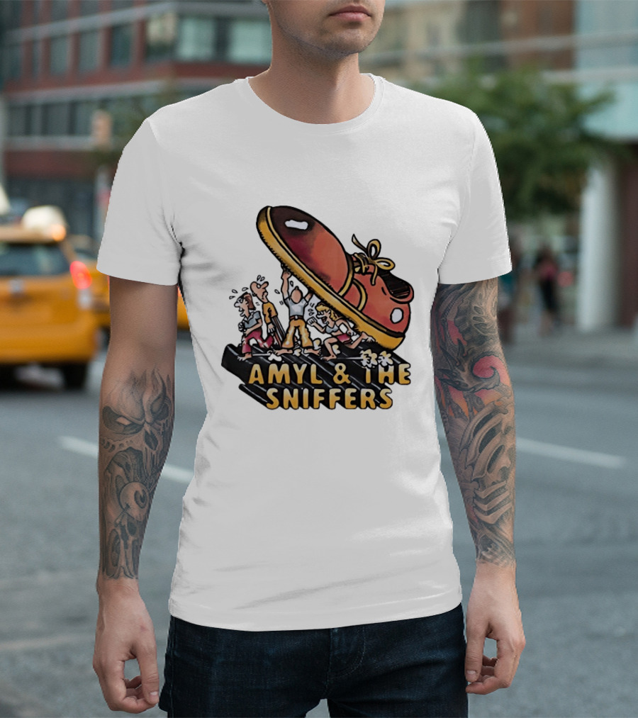 Amyl And The Sniffers Cartoon Giant Shoe Stomping T-Shirt
