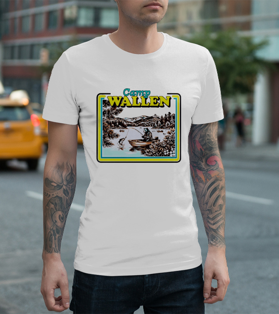 Camp Wallen Bear Fishing In Lake And Mountains Scene T-Shirt