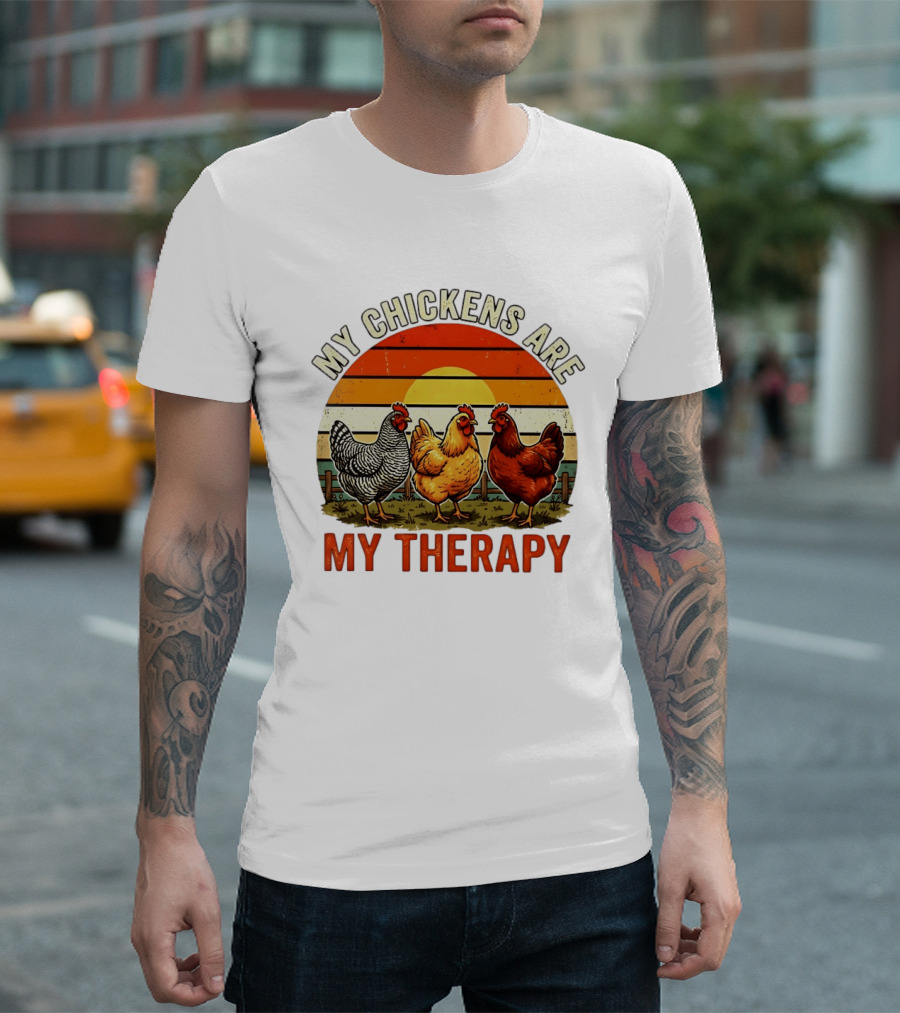 My Chickens Are My Therapy Three Hens Sunset T-Shirt