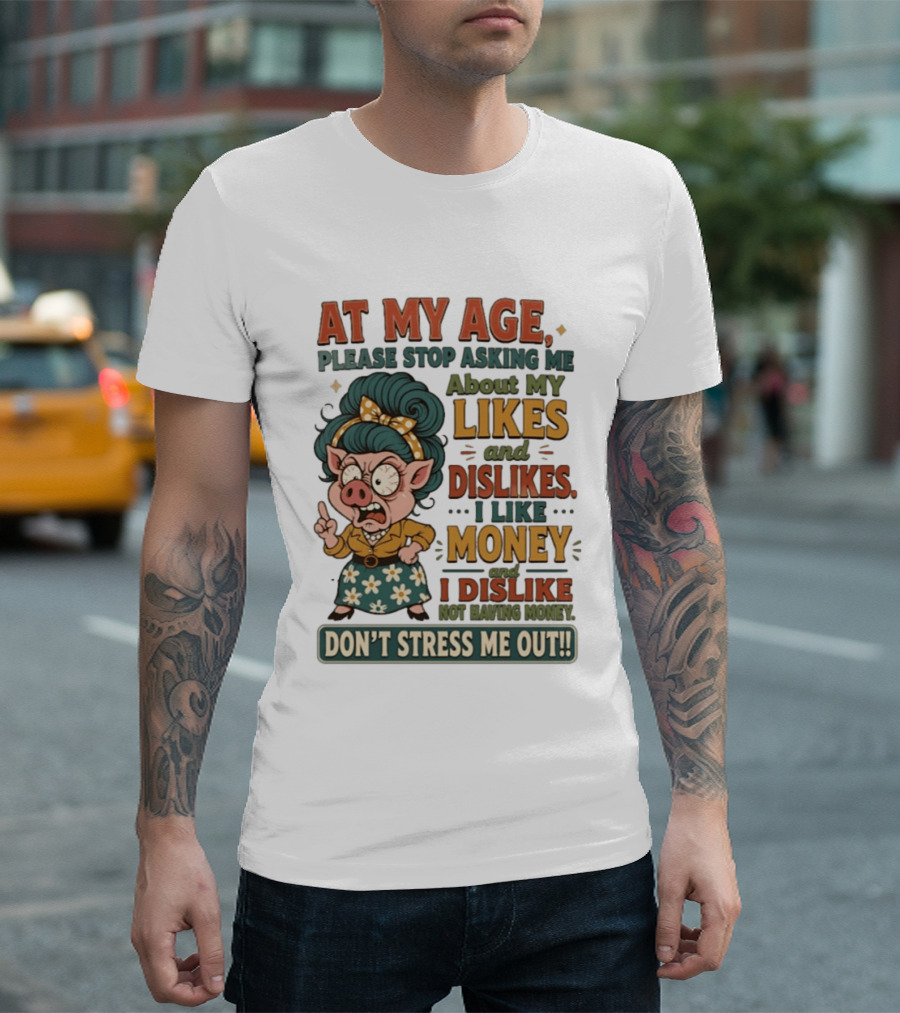At My Age Please Stop Asking About My Likes I Like Money I Dislike Not Having Money Don't Stress Me Out T-Shirt