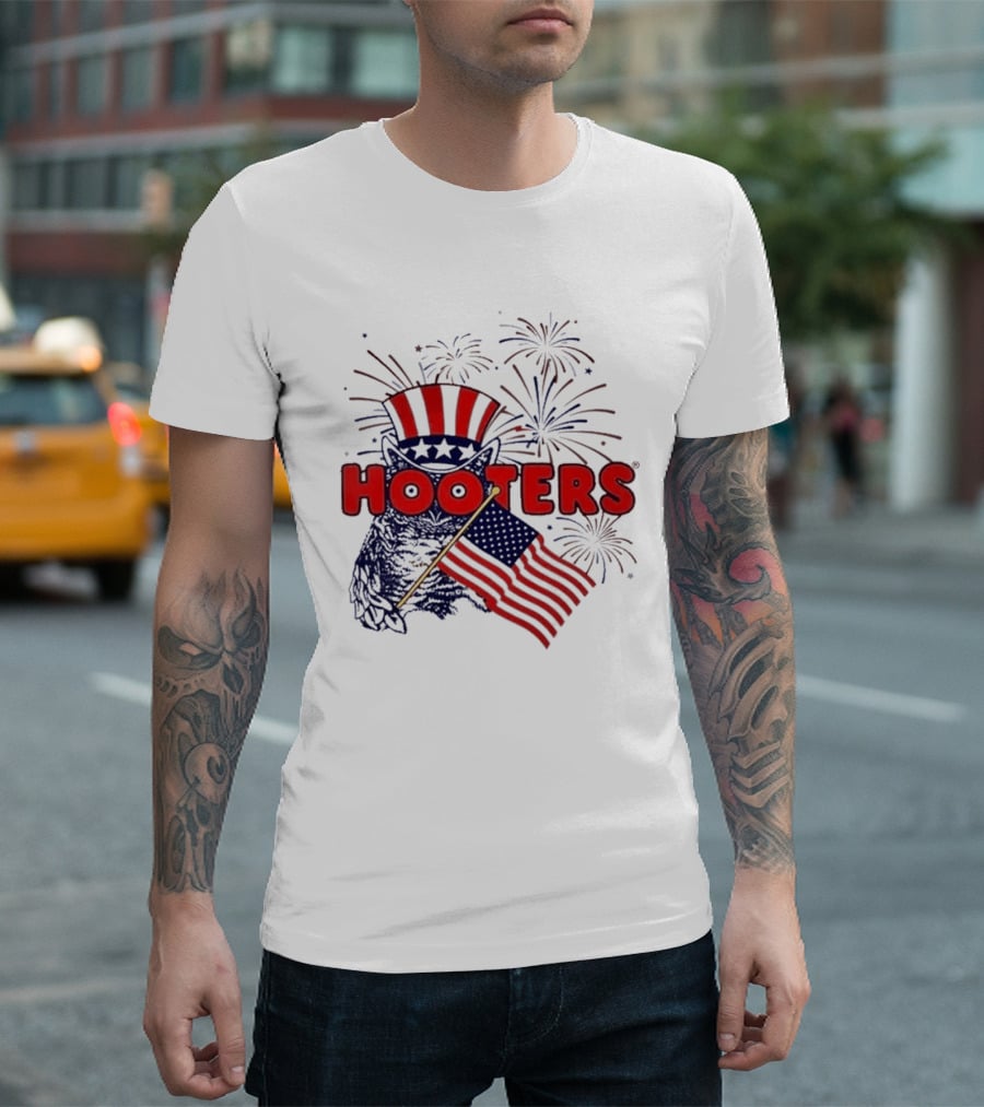 Hooters America Patriotic Owl Fireworks USA UPF 50+ T-Shirt