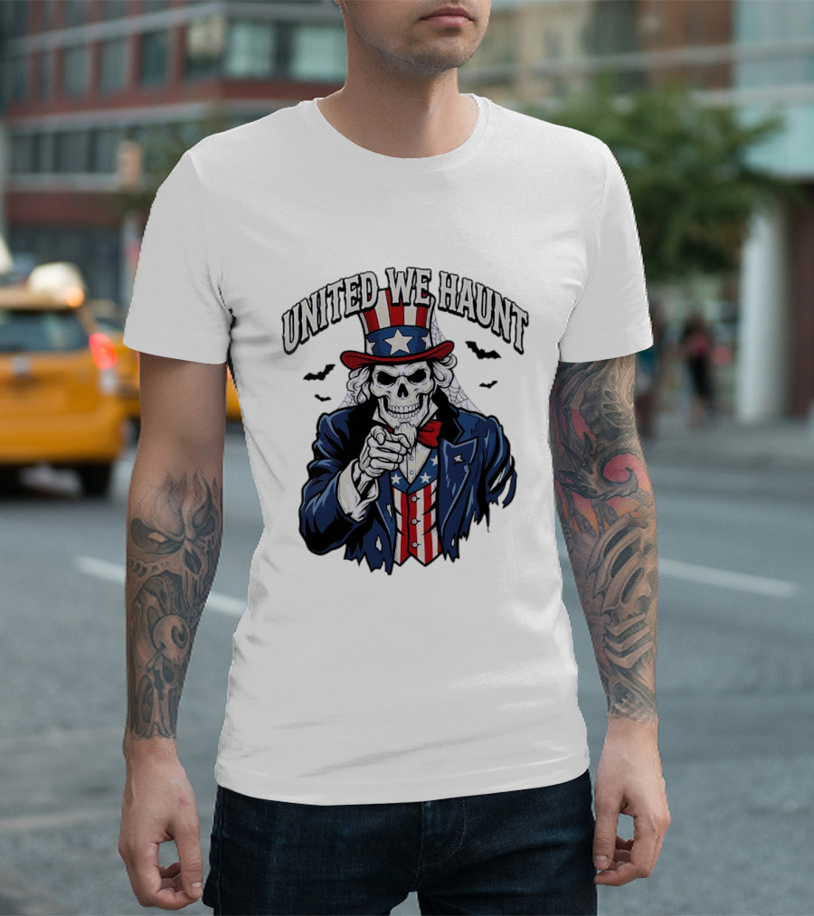 Uncle Sam Skeleton Pointing United We Haunt Halloween Bats T-Shirt
