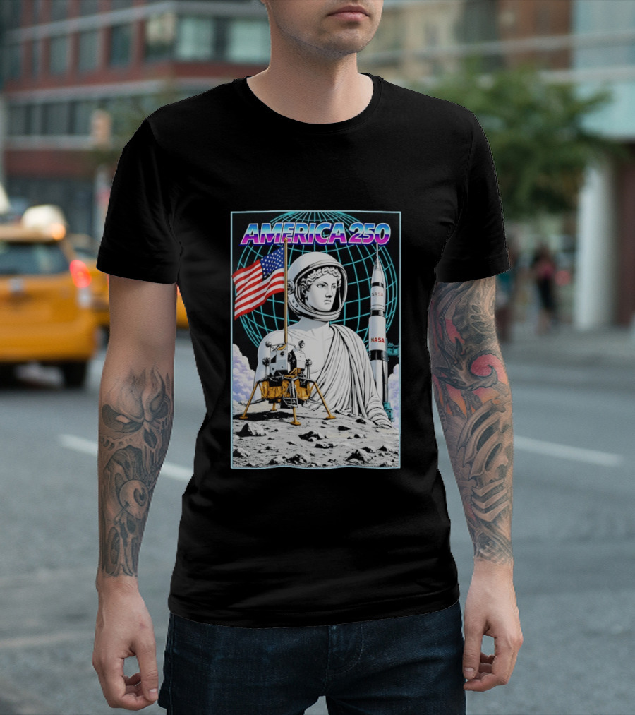 America 250 Apollo Space Rocket NASA Flag Astronaut Statue Moon T-Shirt