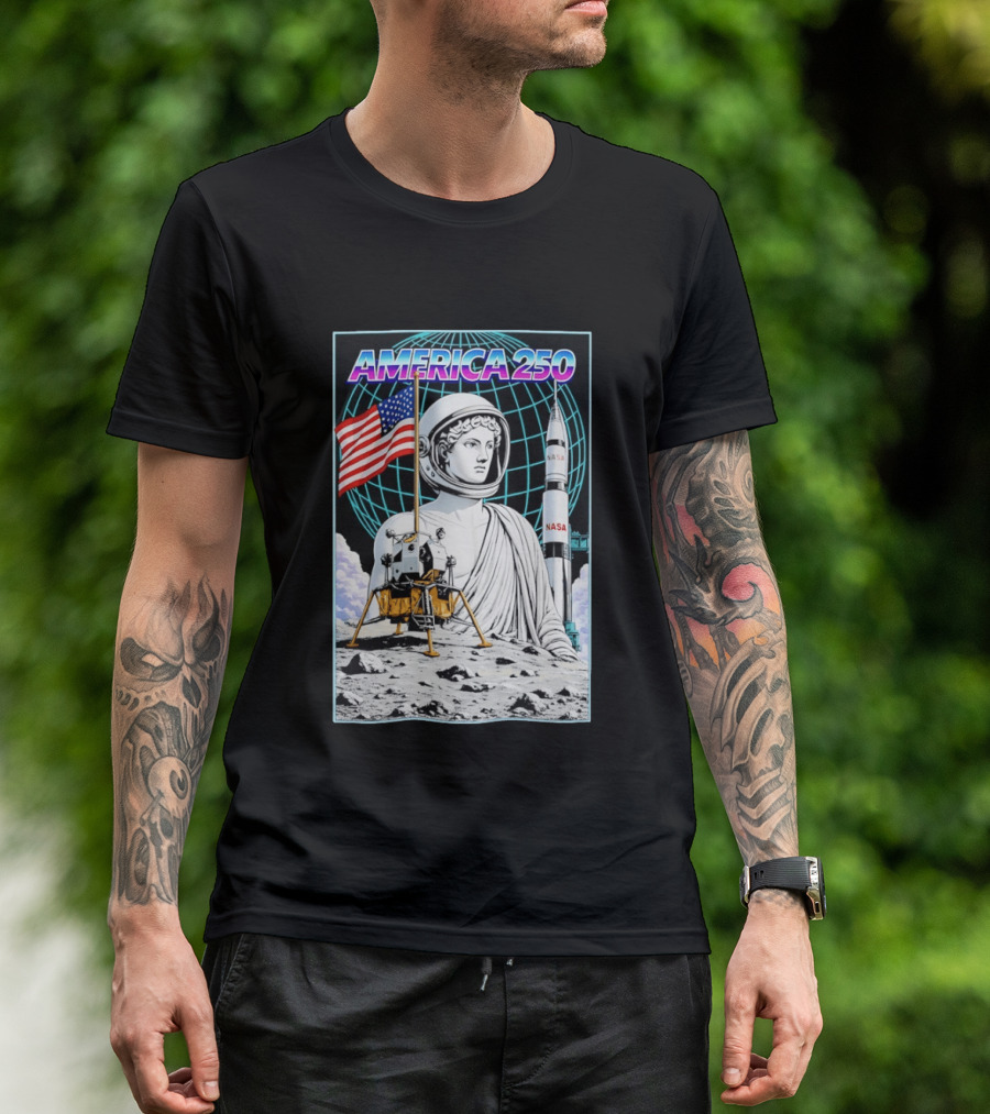 America 250 Apollo Space Rocket NASA Flag Astronaut Statue Moon T-Shirt