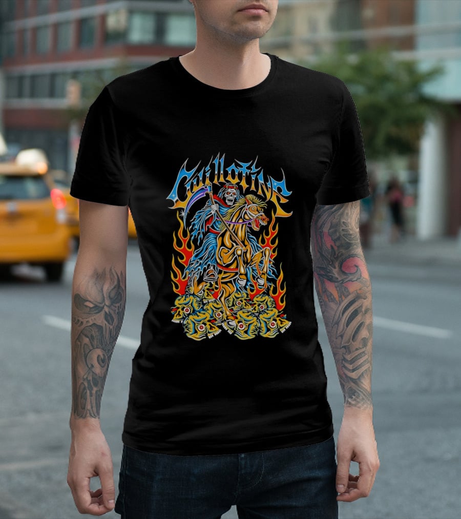 Guillotine Grim Reaper Riding Fiery Horse With Skull And Flames Heavy Metal Concert T-Shirt
