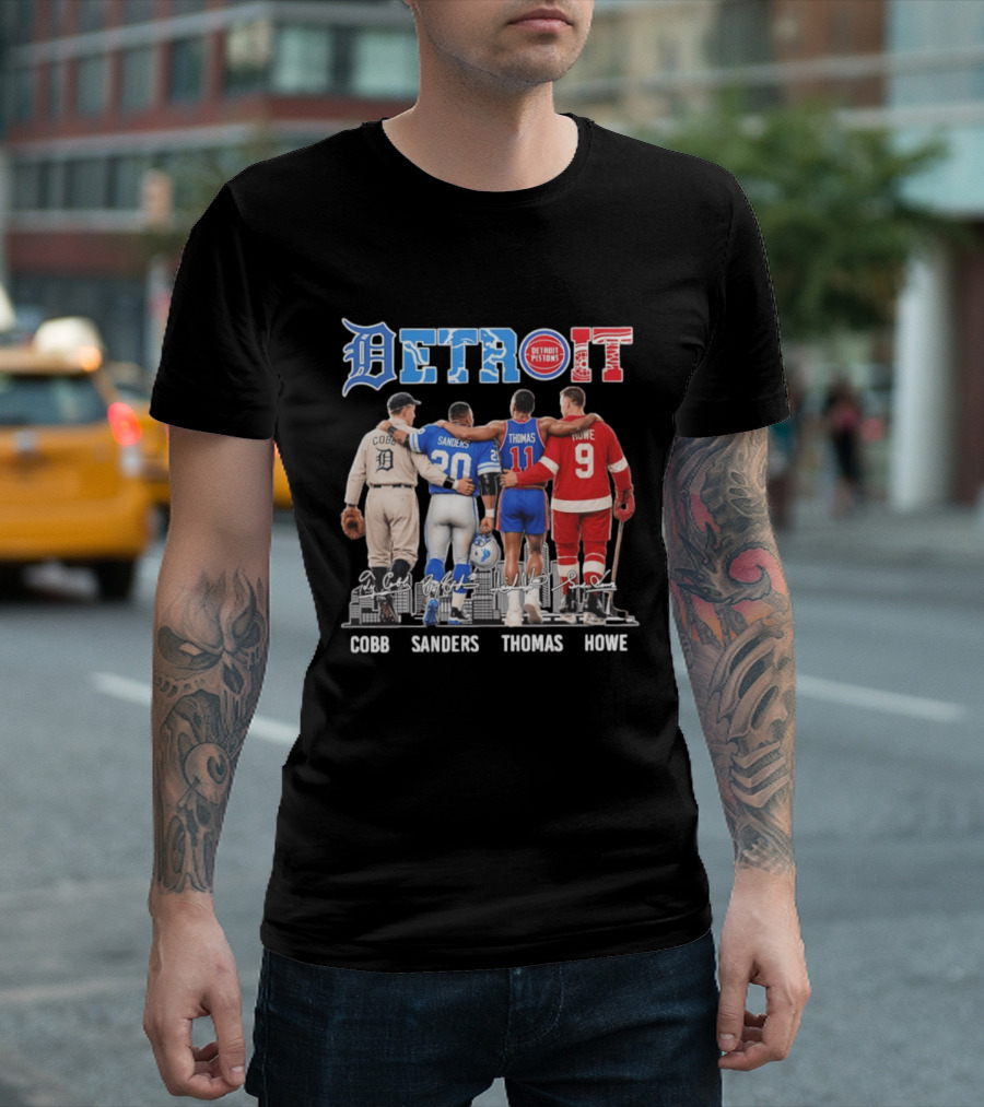 Detroit Icons Ty Cobb Barry Sanders Isiah Thomas Gordie Howe Signatures Skyline T-Shirt