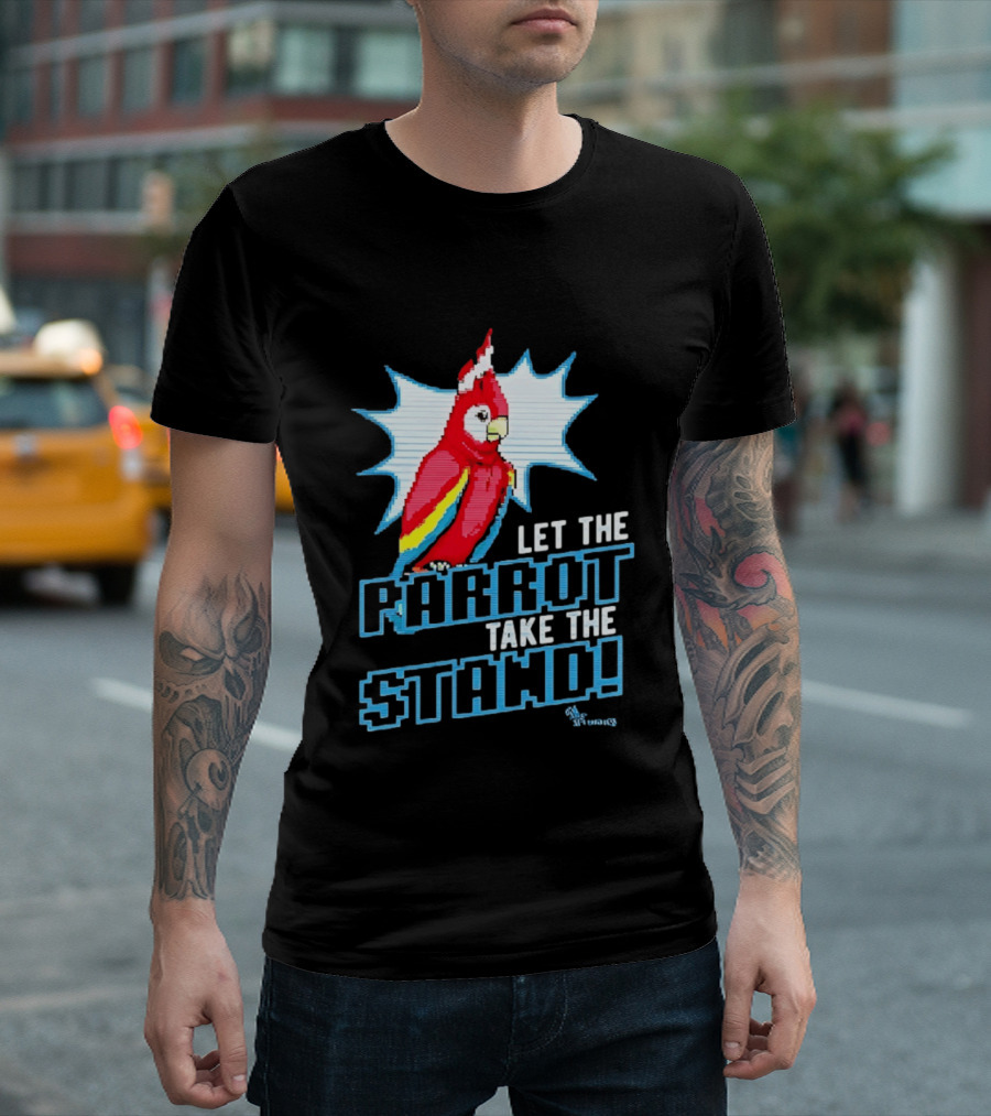 Let The Parrot Take The Stand Vibrant Red Bird With Santa Hat And Blue Starburst T-Shirt
