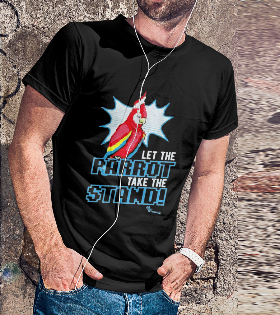 Let The Parrot Take The Stand Vibrant Red Bird With Santa Hat And Blue Starburst T-Shirt