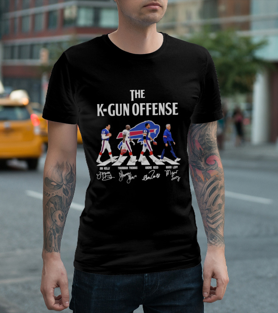 The K Gun Offense Buffalo Bills Jim Kelly Thurman Thomas Andre Reed Marv Levy Abbey Road With Signatures T-Shirt