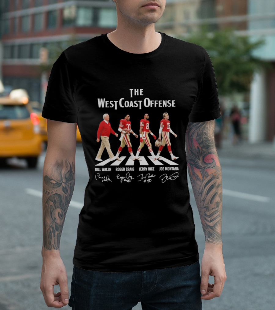 The West Coast Offense Bill Walsh Roger Craig Jerry Rice Joe Montana SF 49ers Abbey Road Signatures T-Shirt