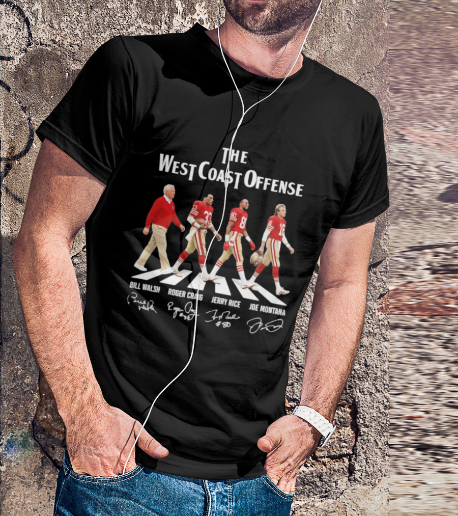 The West Coast Offense Bill Walsh Roger Craig Jerry Rice Joe Montana SF 49ers Abbey Road Signatures T-Shirt
