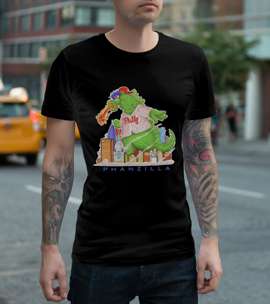 Phillie Phanatic Phanzilla Cityscape Fire Breathing Baseball T-Shirt