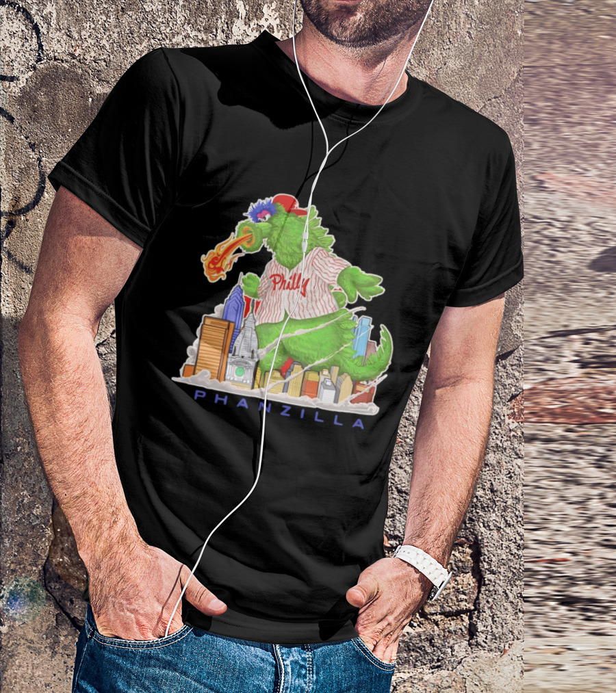 Phillie Phanatic Phanzilla Cityscape Fire Breathing Baseball T-Shirt