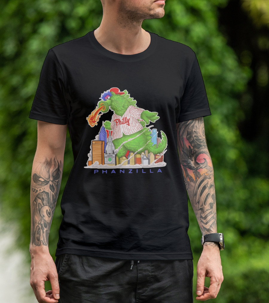 Phillie Phanatic Phanzilla Cityscape Fire Breathing Baseball T-Shirt