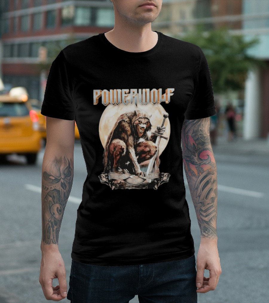 Powerwolf European Summer 2026 Heavy Metal Tour Werewolf Warrior Sword And Moon T-Shirt