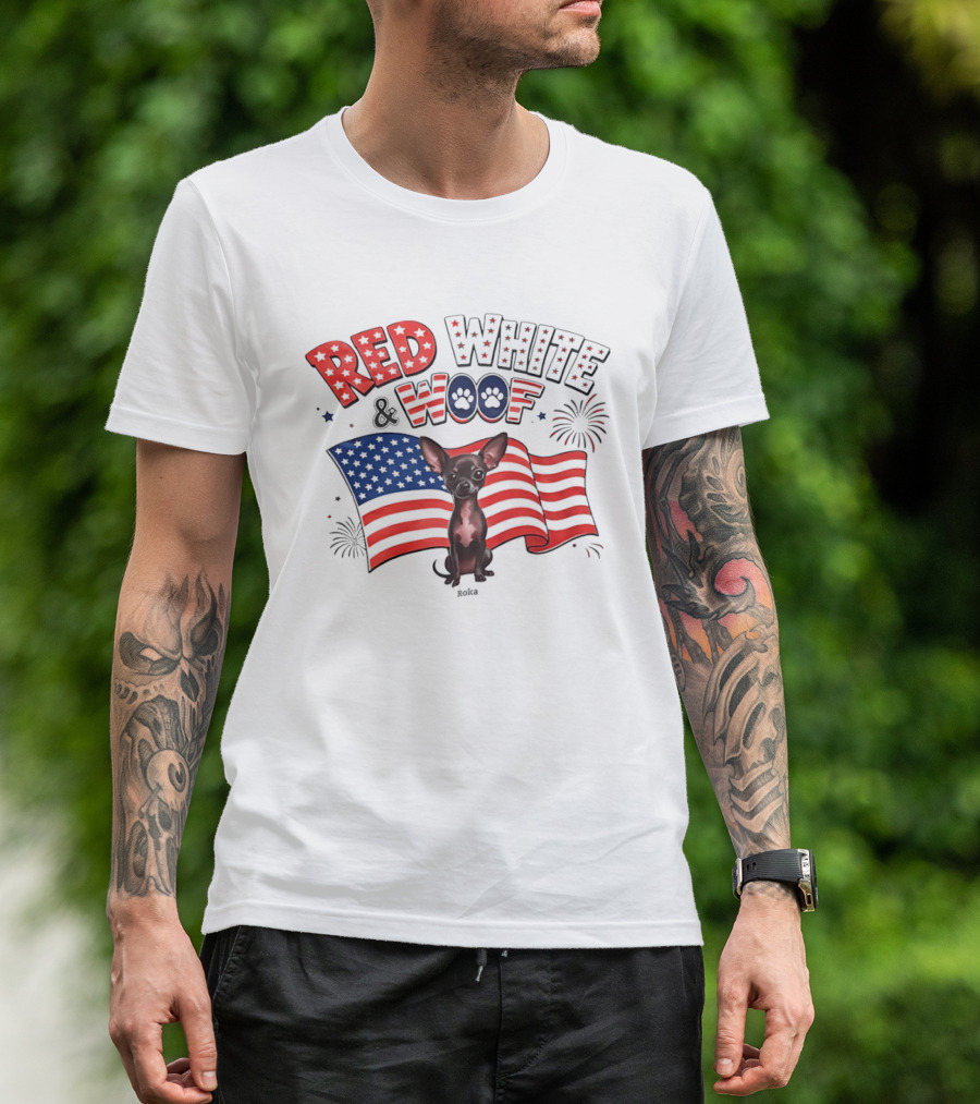 Chihuahua Red White And Woof US Flag Fireworks Celebration T-Shirt