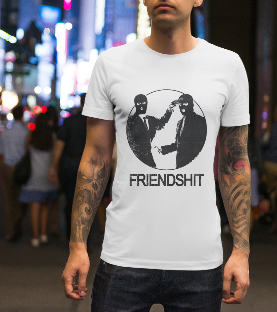 FRIENDSHIT Ski Mask Men Handshaking Gun Gesture T-Shirt