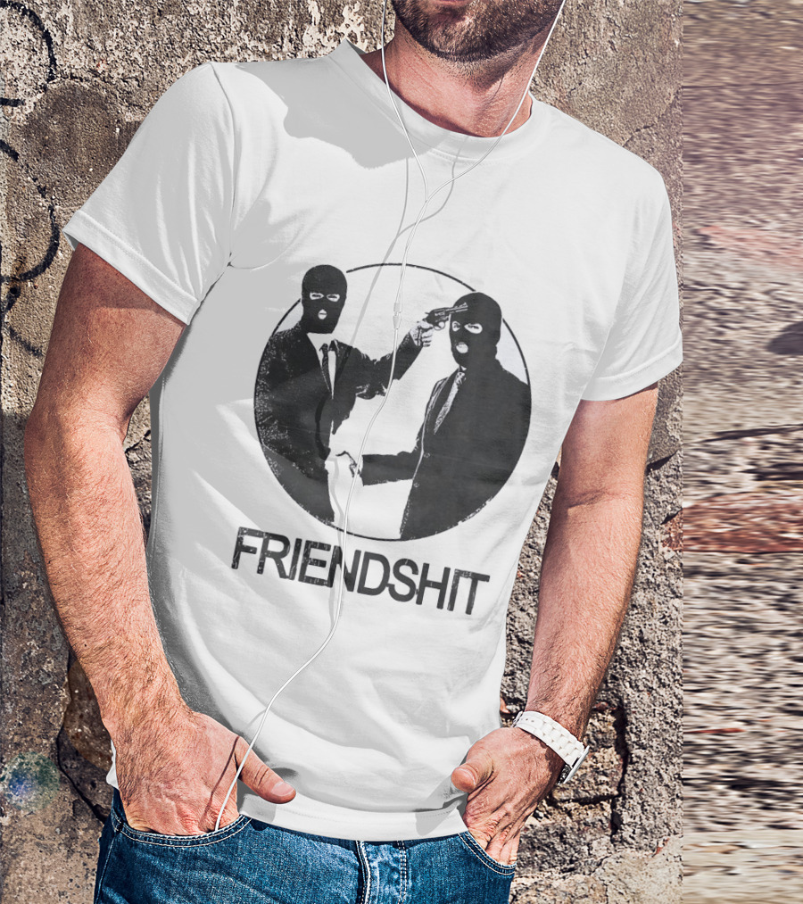 FRIENDSHIT Ski Mask Men Handshaking Gun Gesture T-Shirt