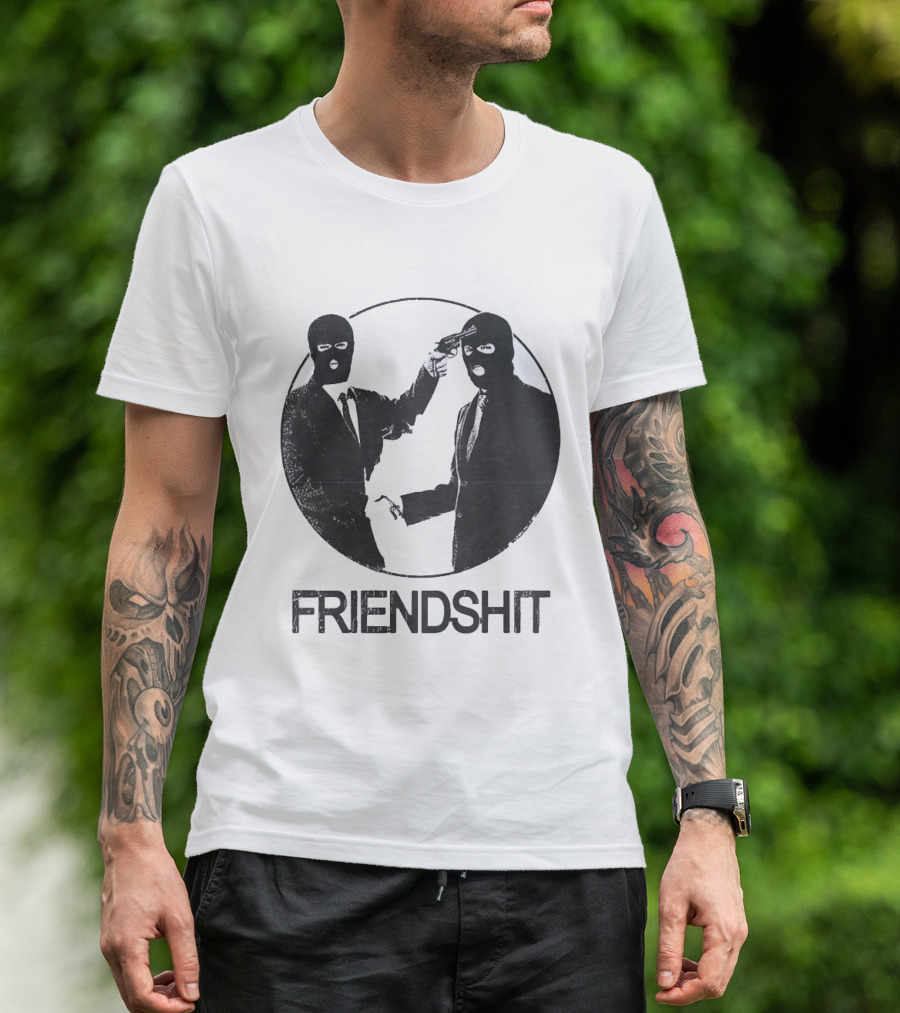 FRIENDSHIT Ski Mask Men Handshaking Gun Gesture T-Shirt