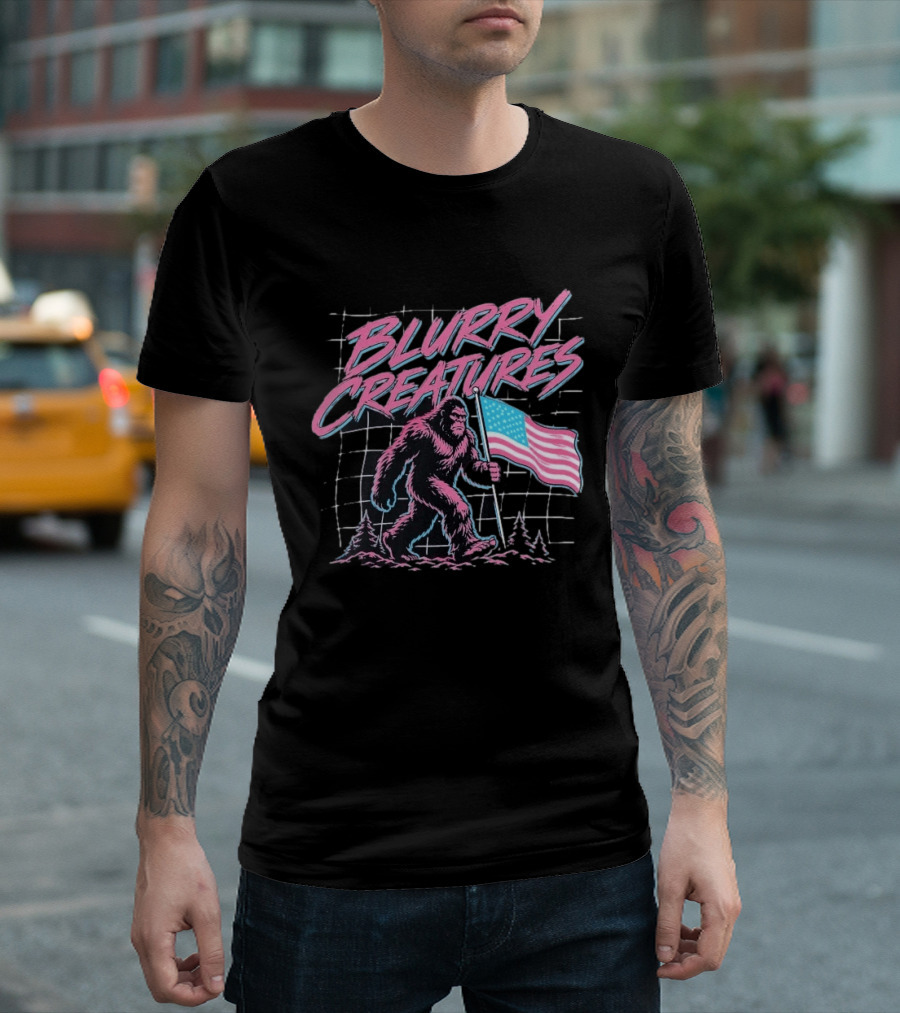 Blurry Creatures Bigfoot Holding American Flag With Retro Grid T-Shirt