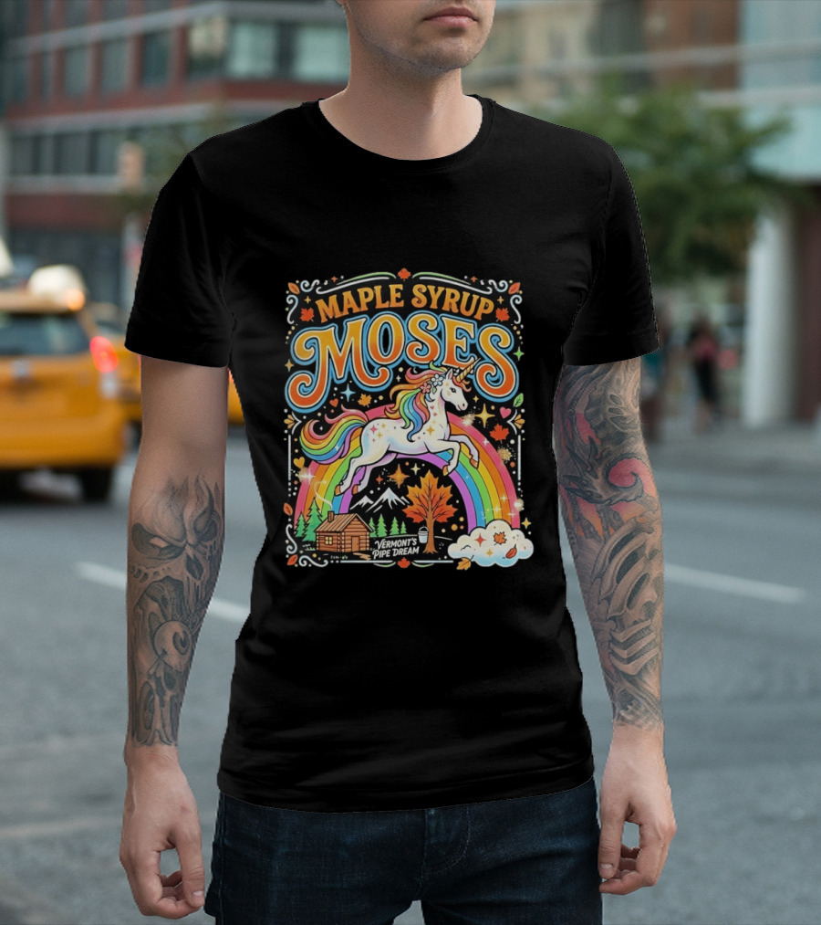 Maple Syrup Moses Rainbow Unicorn Vermont's Pipe Dream T-Shirt