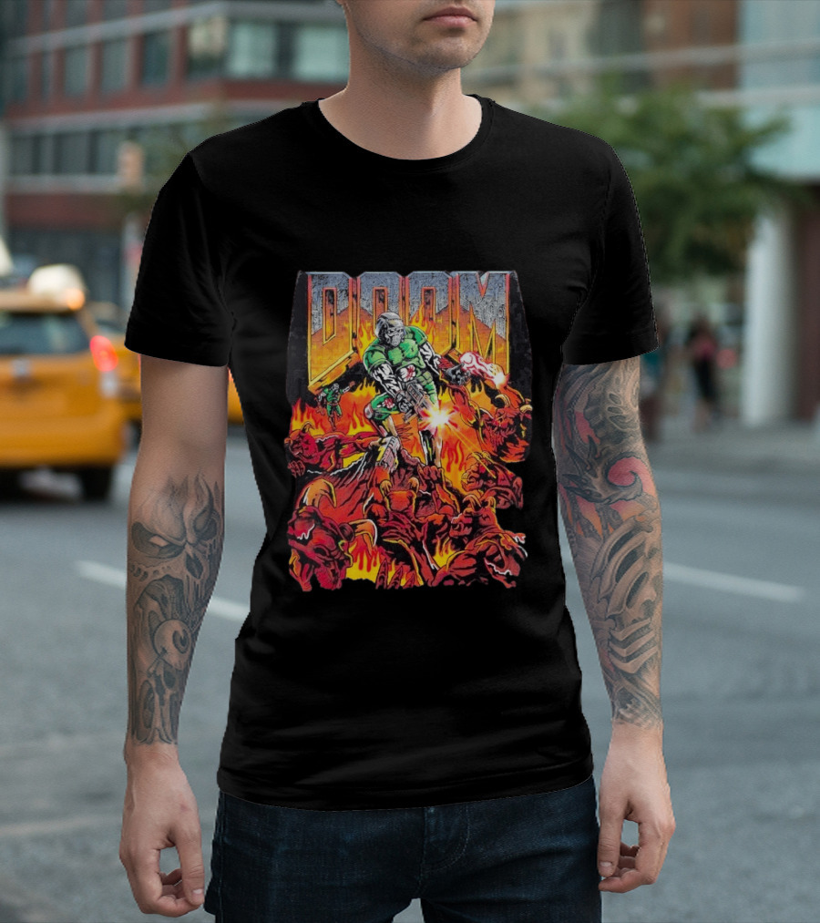 Doom Marine Warren Lotas Retro Video Game Demon Slayer Action Scene T-Shirt