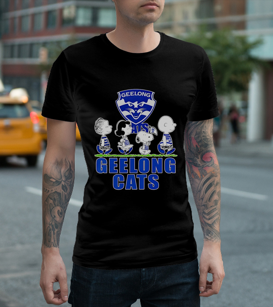 Peanuts Snoopy Charlie Brown Lucy Schroeder Geelong Cats AFL Fan T-Shirt