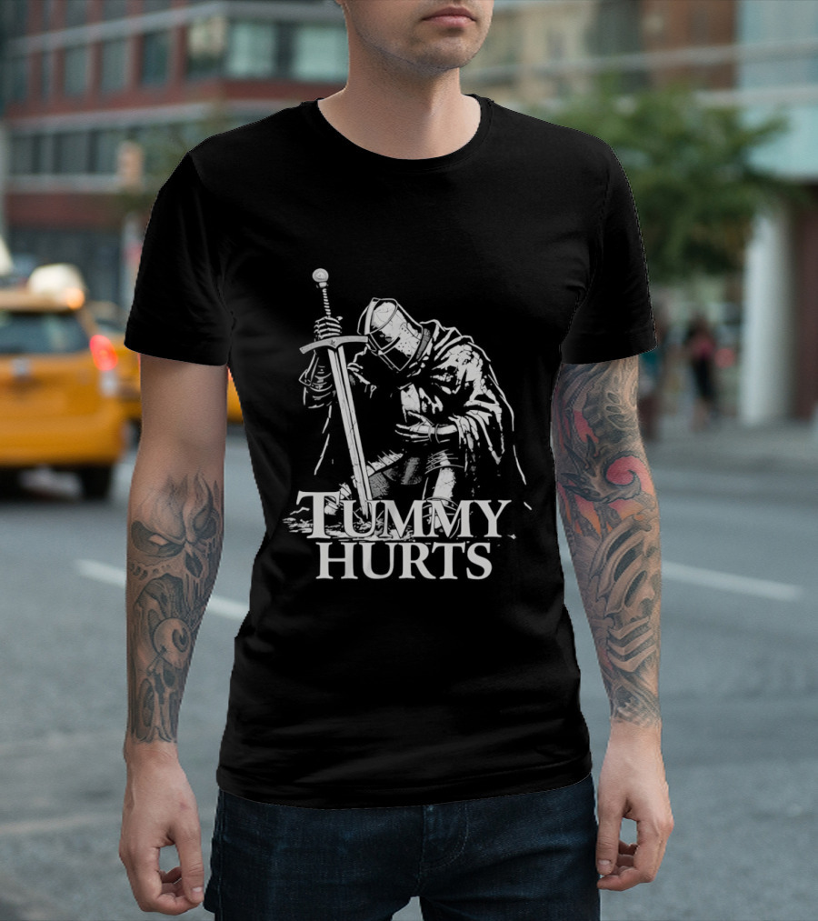 Tummy Hurts Knight Dark Fantasy Medieval Sword Kneeling Warrior T-Shirt