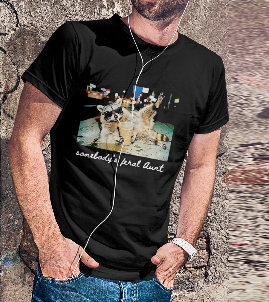 Somebody's Feral Aunt Raccoon Drinking Iced Coffee T-Shirt