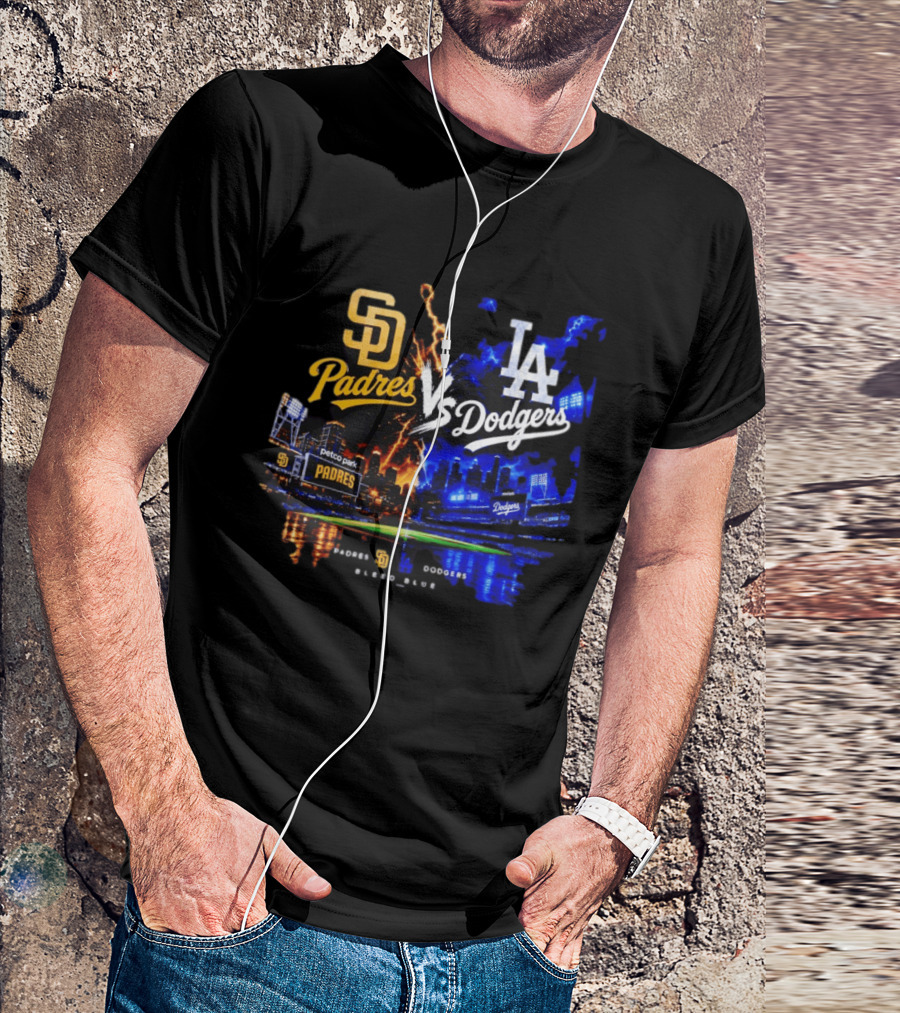 San Diego Padres Vs Los Angeles Dodgers Bleed Blue Petco Park Stadium Lightning T-Shirt