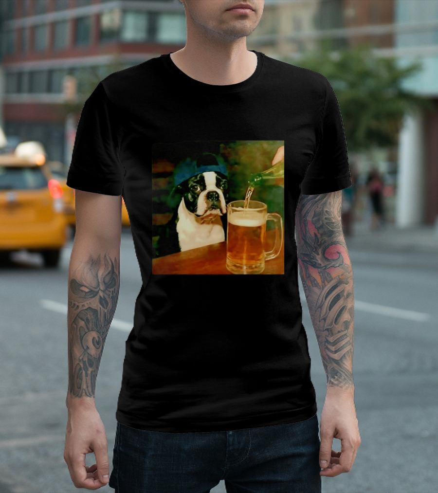 Boston Terrier Baseball Cap Drinking Beer T-Shirt