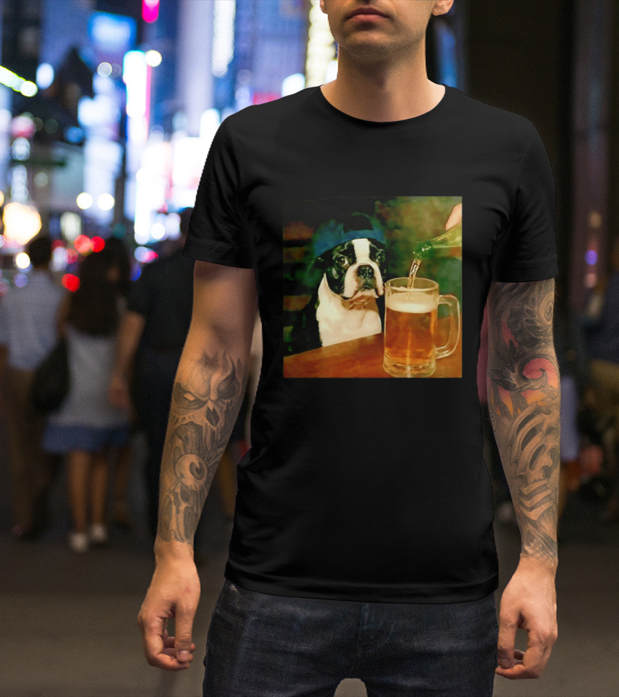 Boston Terrier Baseball Cap Drinking Beer T-Shirt