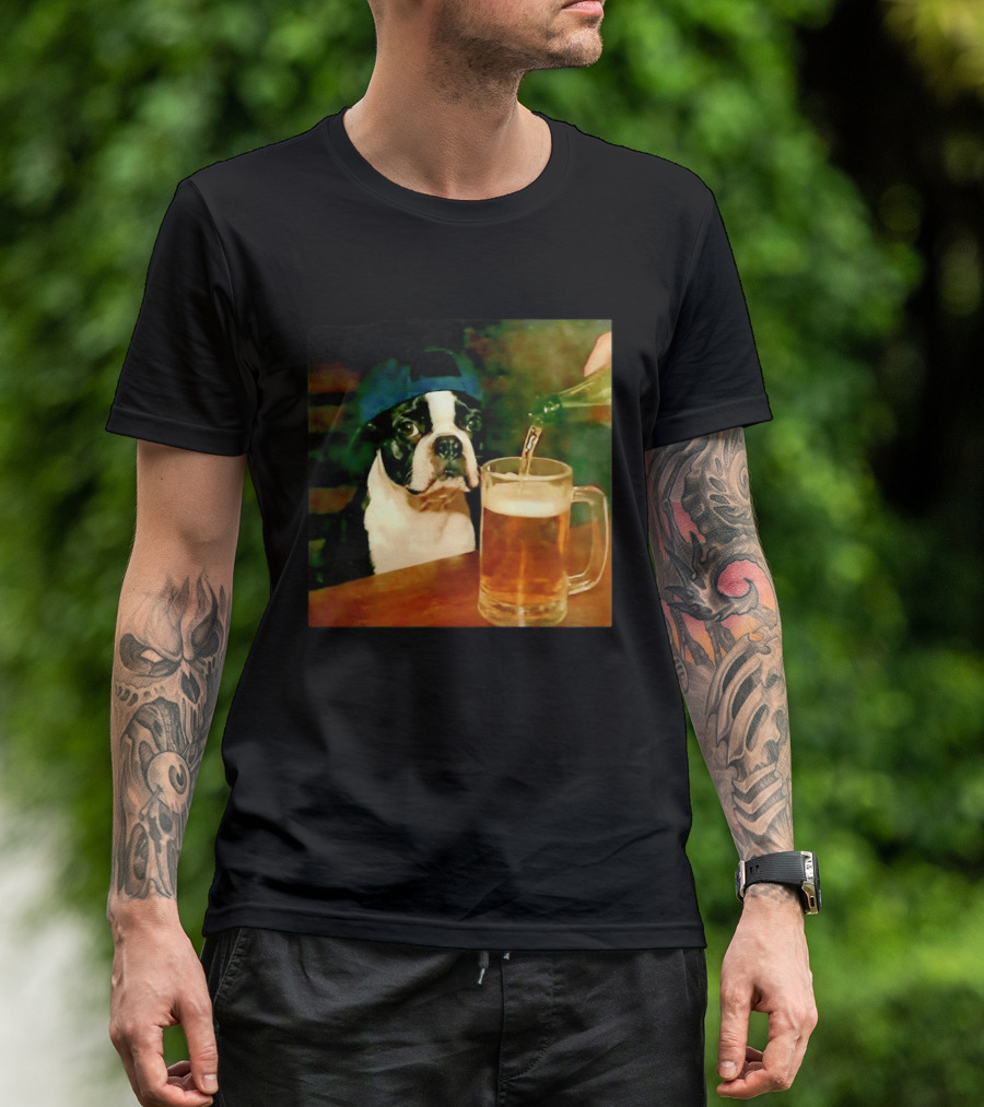 Boston Terrier Baseball Cap Drinking Beer T-Shirt