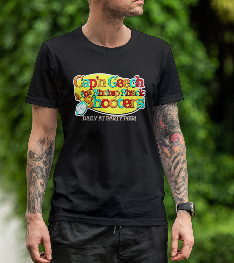 Cap'n Geech And The Shrimp Shack Shooters Daily At Party Pier Logo And Fun T-Shirt