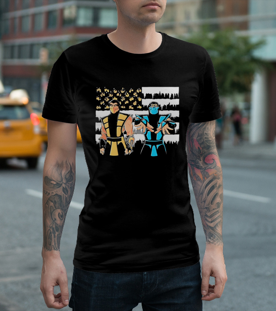 Mortal Kombat Scorpion Sub Zero Fire Ice American Flag T-Shirt