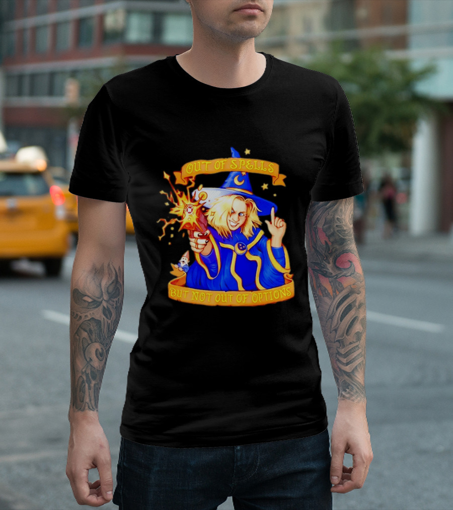 Greg The Sorcerer Out Of Spells Not Out Of Options Enchanting Wizard With Wand And Magic Aura T-Shirt