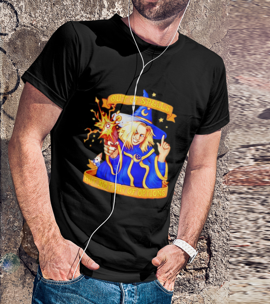 Greg The Sorcerer Out Of Spells Not Out Of Options Enchanting Wizard With Wand And Magic Aura T-Shirt