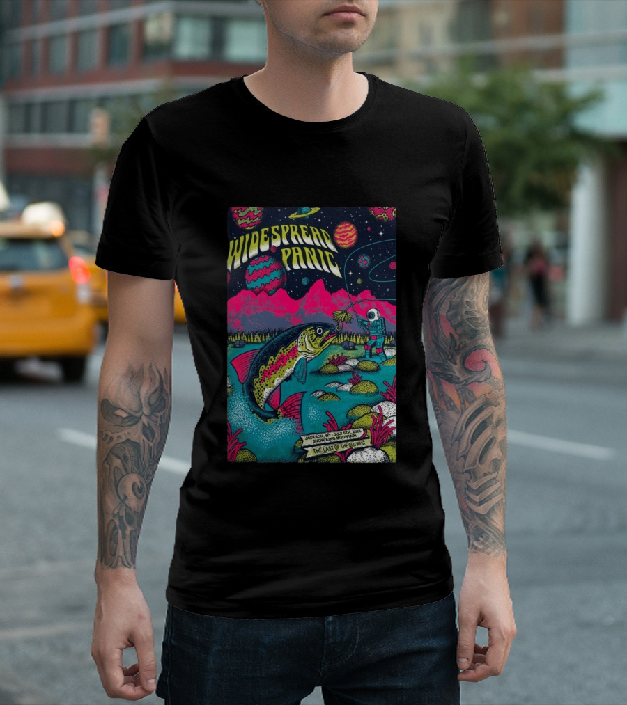 Widespread Panic Jul 5 2026 Snow King Mountain Jackson WY Cosmic Fishing Astronaut And Giant Fish Fantasy Scene T-Shirt