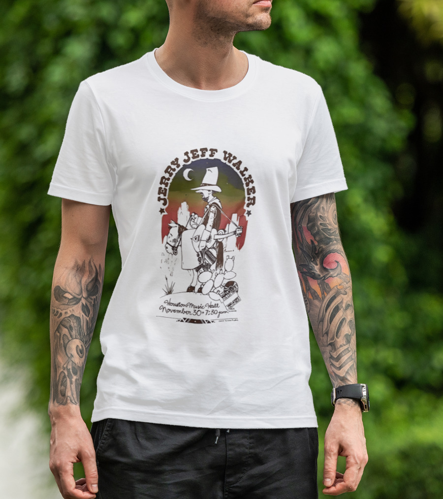 Jerry Jeff Walker Houston Music Hall November 30 7 30Pm Cowboy Guitar Art Vintage Sunset T-Shirt