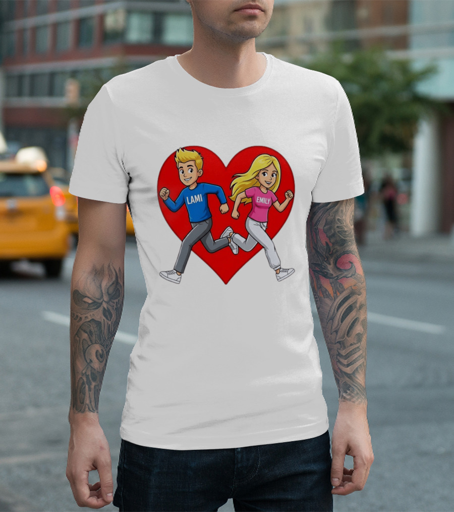 Lami And Emily Cartoon Couple Running With Heart T-Shirt