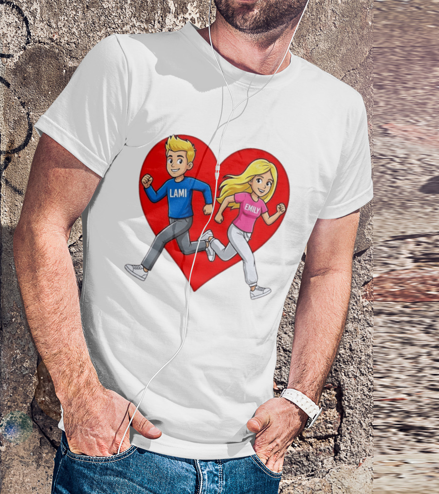 Lami And Emily Cartoon Couple Running With Heart T-Shirt
