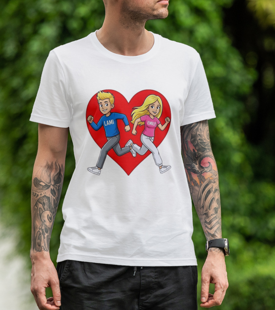 Lami And Emily Cartoon Couple Running With Heart T-Shirt