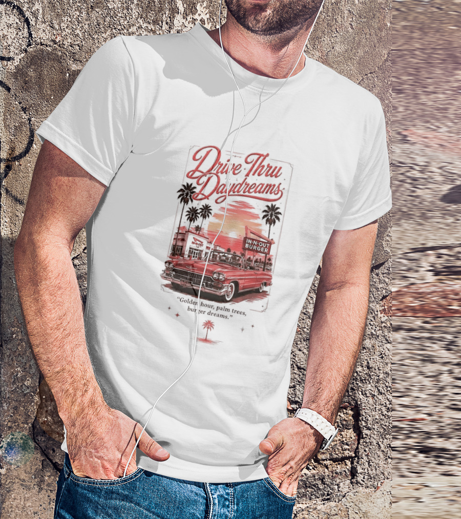 Drive Thru Daydreams In N Out Burger Golden Hour Palm Trees Car Vintage Scene T-Shirt