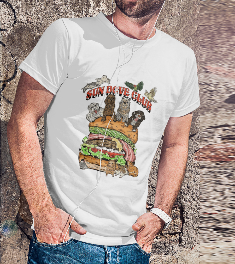 Sun Dove Club Animals On Giant Burger With Dogs And Birds T-Shirt