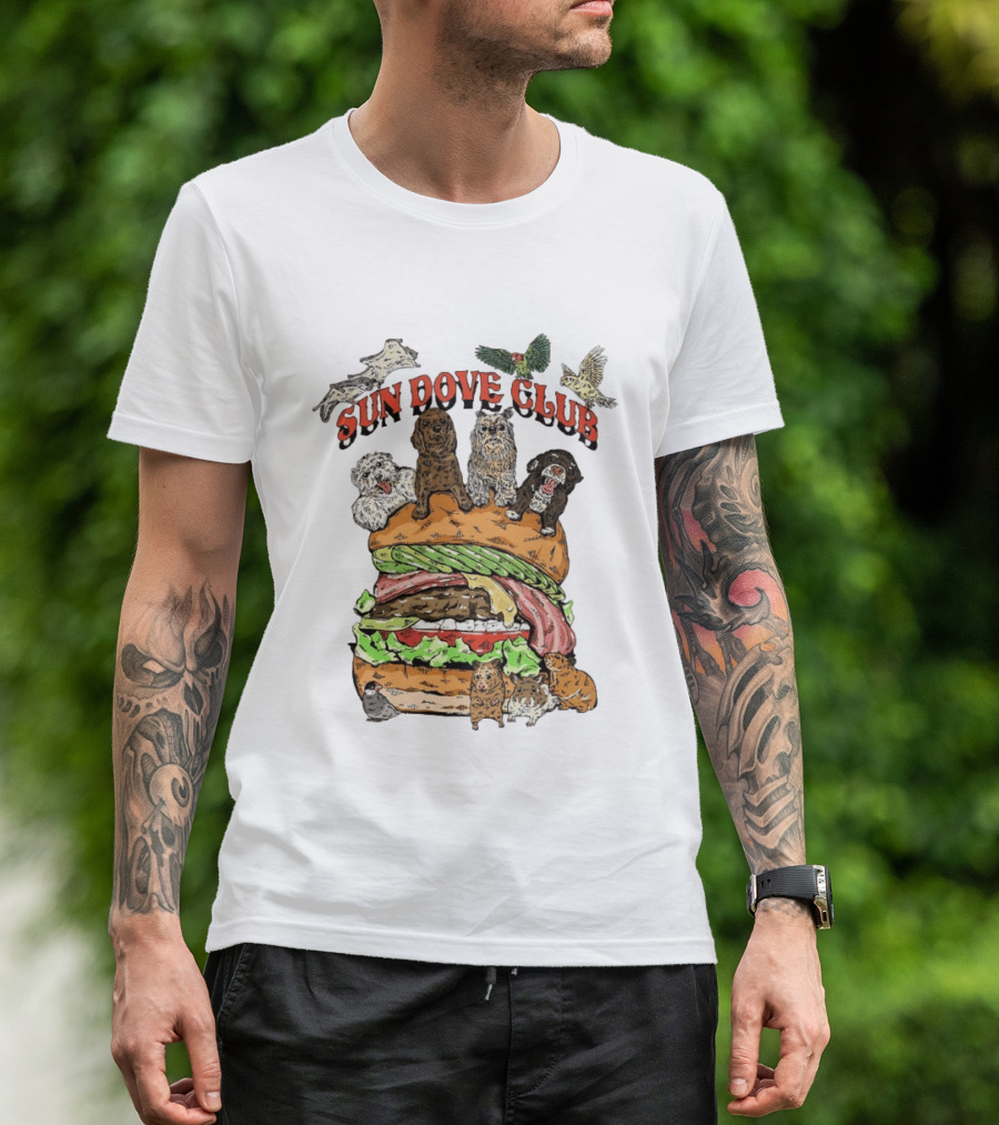 Sun Dove Club Animals On Giant Burger With Dogs And Birds T-Shirt